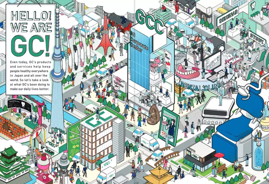 An inside spread from the "Smile for the World" book showing a GC-themed neighborhood illustration