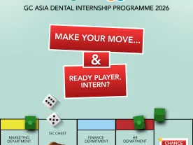 GC Asia Dental Internship Programme 2026 promotional poster featuring a board game theme with the slogan "Make Your Move... & Ready Player, Intern?" and department-themed game spaces.